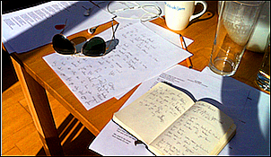 A table full of notes for our Lightyears album/novel. Not set up in any way.